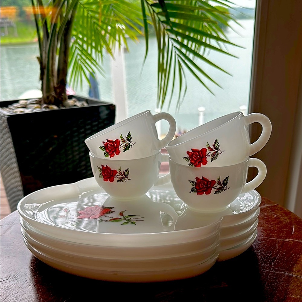 Vintage 1950's Mid Century Federal Milk Glass Snack Set "Rosecrest" Pattern
